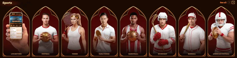 Kategorie zakładów sportowych Wild Robin i podgląd interfejsu aplikacji mobilnej